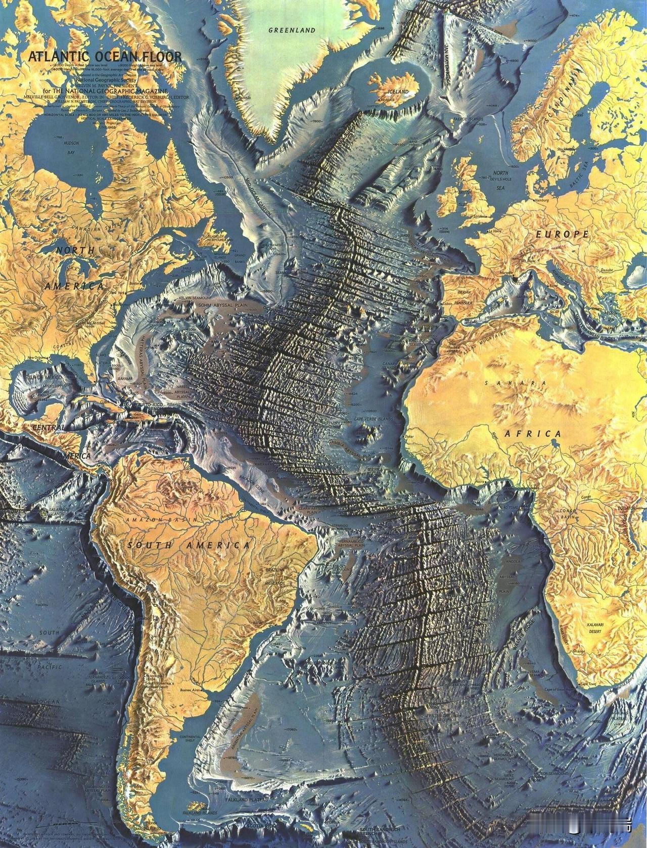 这是一张美国国家地理学会发布大西洋海底地形图，​在大西洋水域之下，​隐藏着一条绵