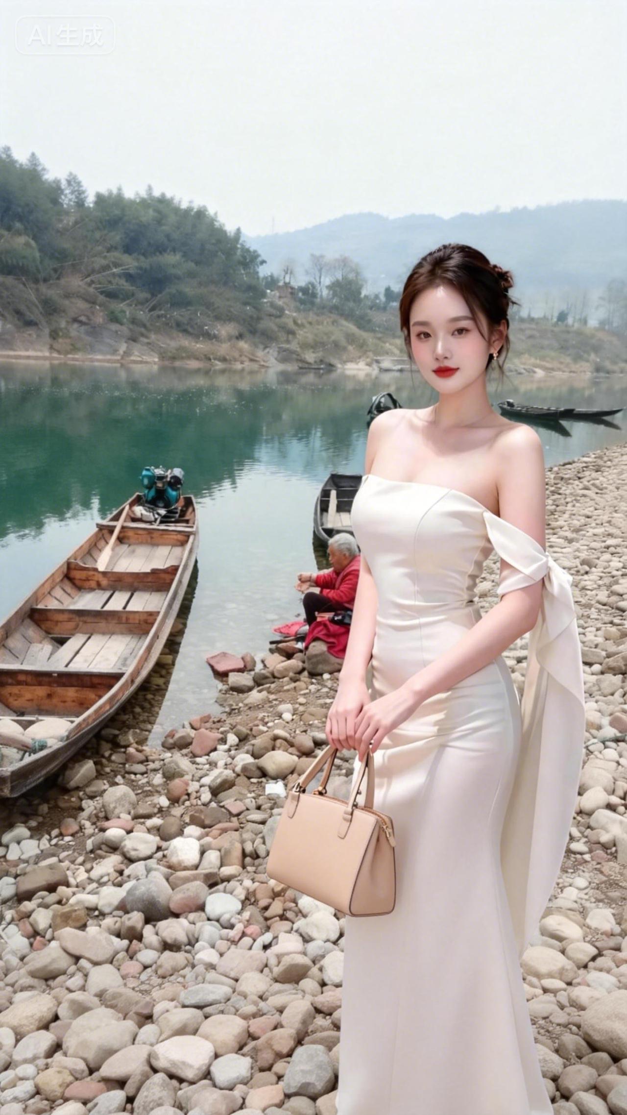 在青山绿水间，一袭白裙与时光温柔相拥。风掠过江面，也拂过心头，此刻的静谧，是