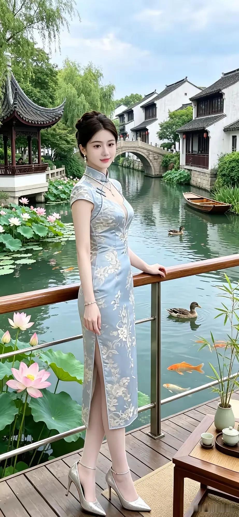 上联:旗袍映水添荷色下联:白墙黛瓦江南景
