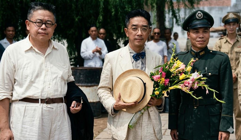 1946年7月，胡适归国抵达北平，受到热烈迎接，照片中间是刚从美国归国的胡适，一