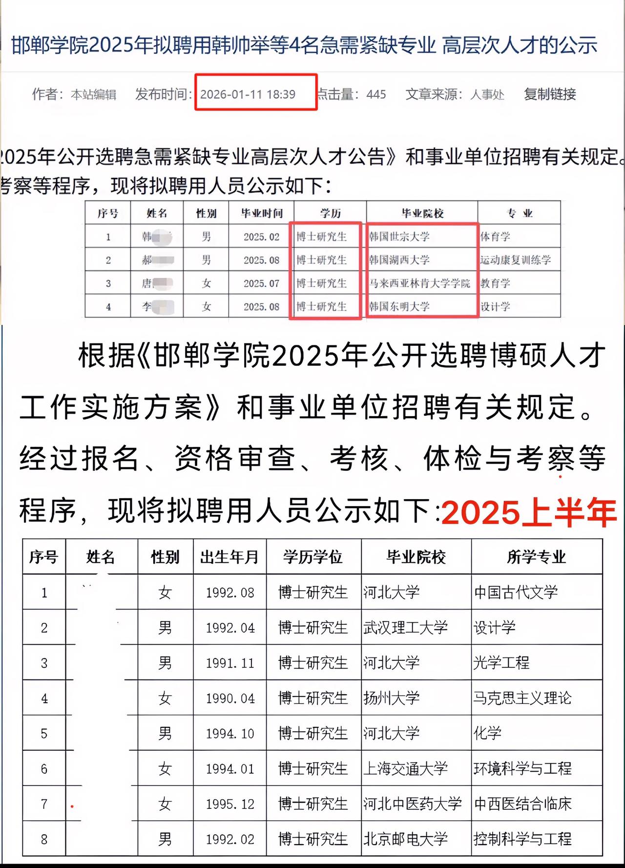 邯郸学院急招4名需紧缺高层次人才引热议，4名博士均毕业于国外高校，校方回应按报名