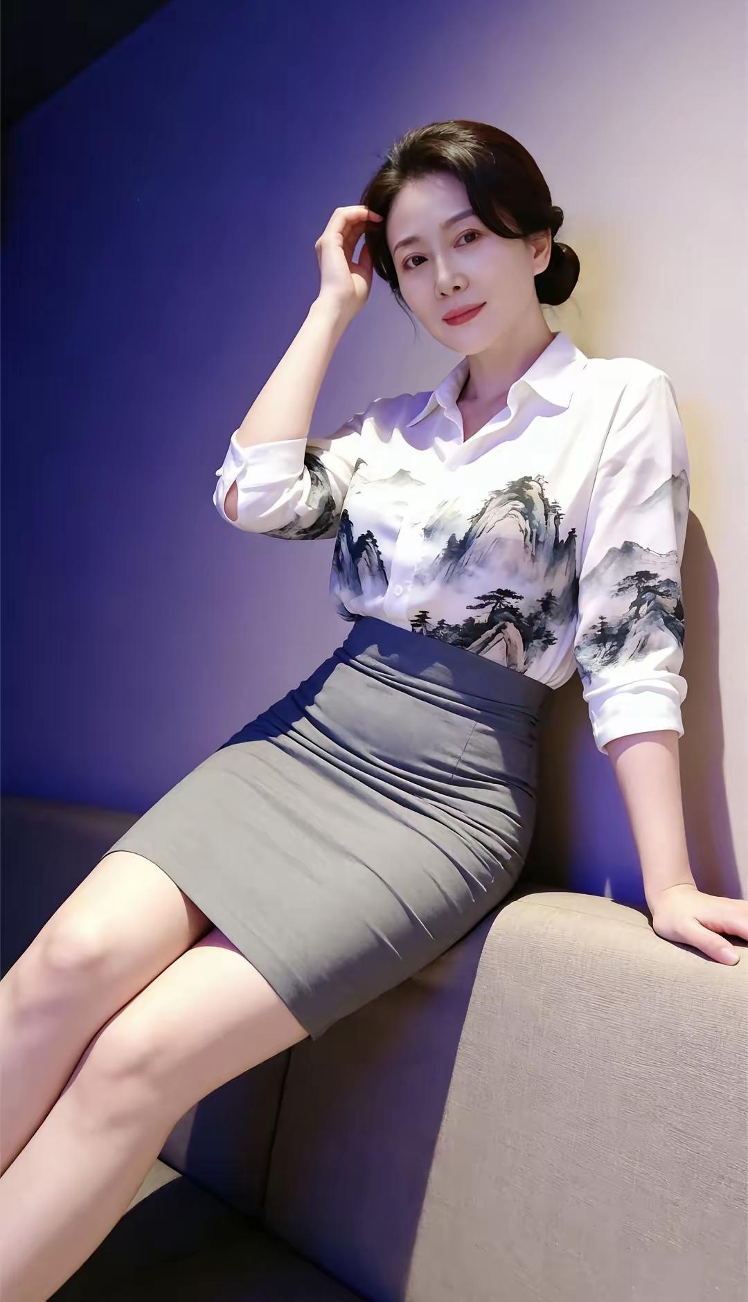 白色国风半袖配浅灰色短裙，这搭配在中年小阿姨身上简直美出天际！简约又高级。对于