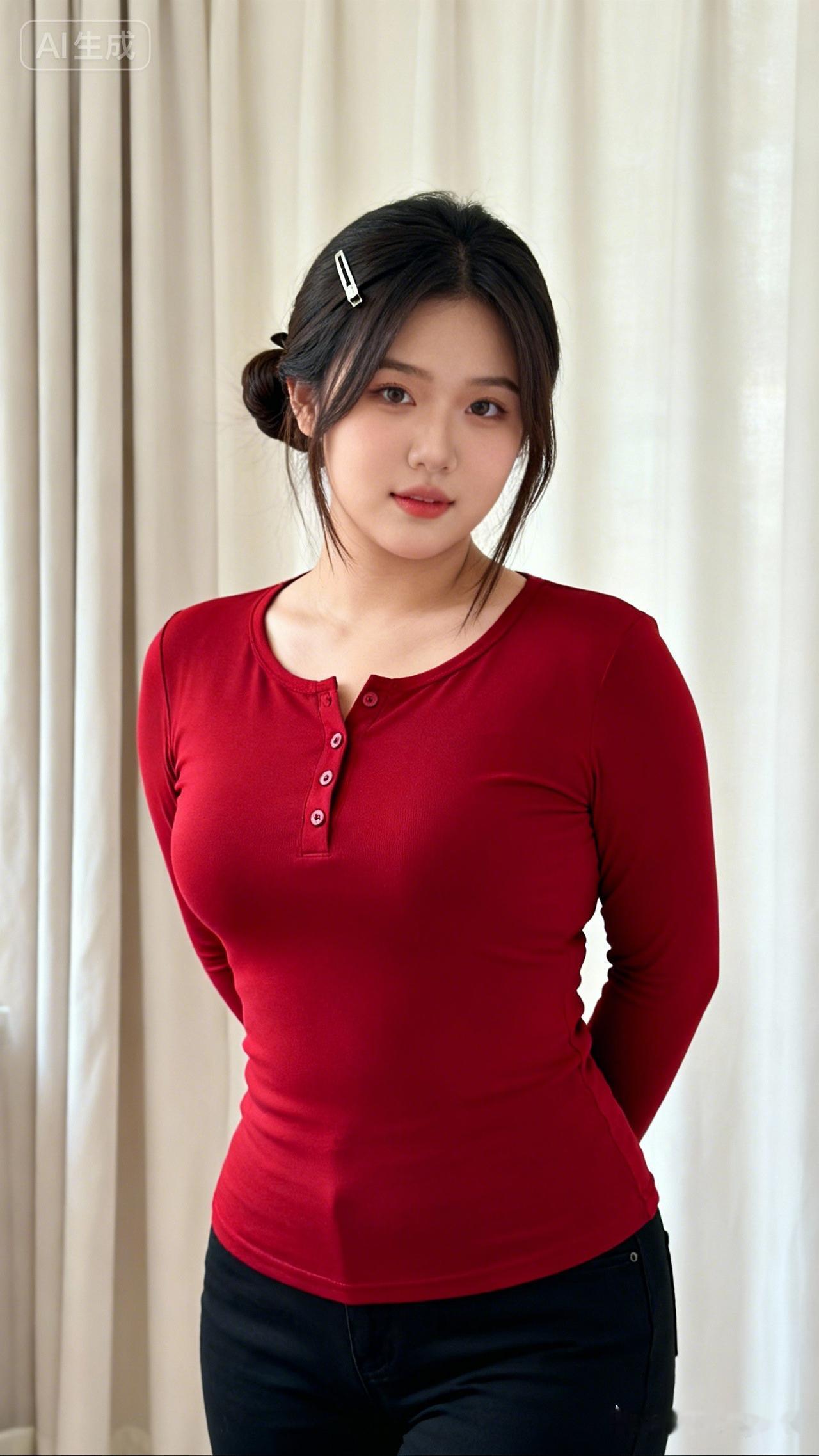 这位小姐姐穿红色上衣好显气质！