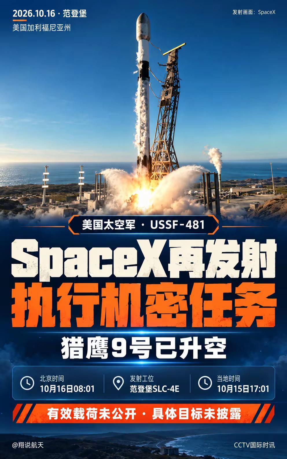SpaceX执行太空军机密任务。北京时间10月16日08:01，SpaceX猎鹰
