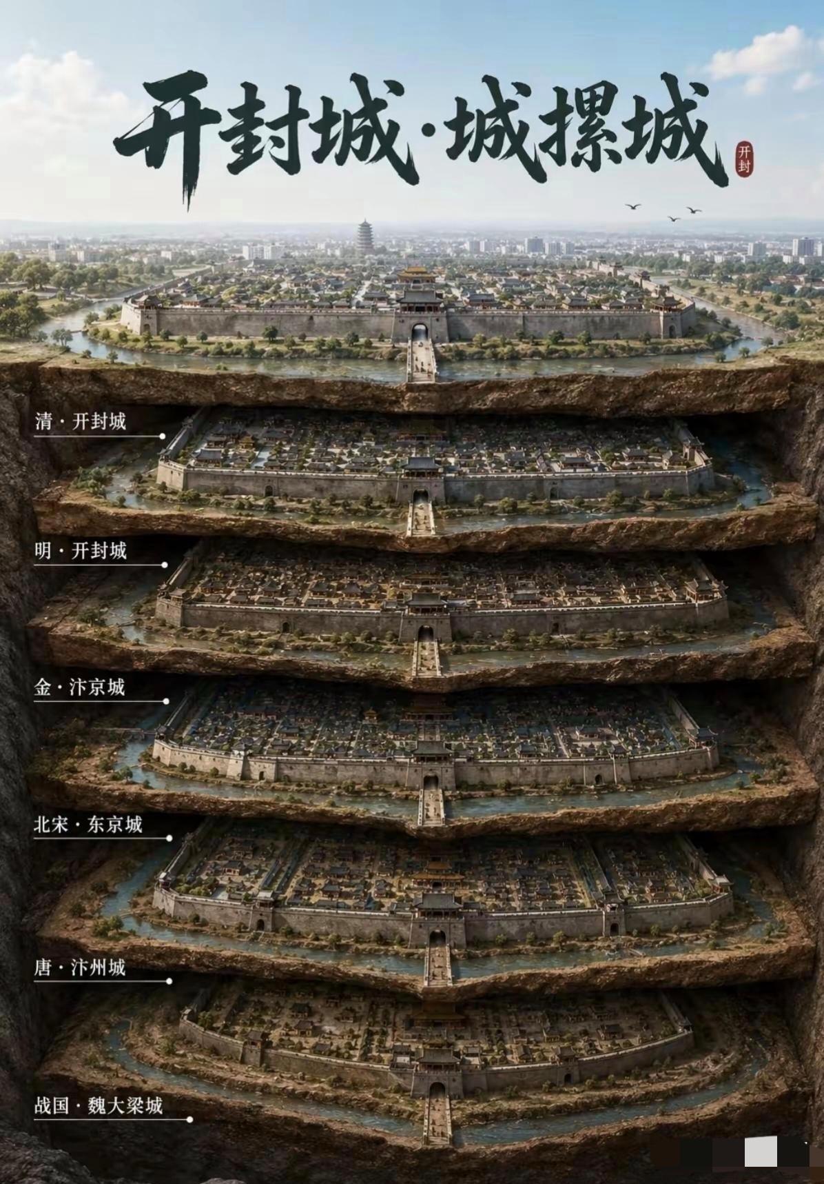 开封城竟然是城摞城，这是我第一次听说，查了一下原因，原来是因为开封城处于黄河口，