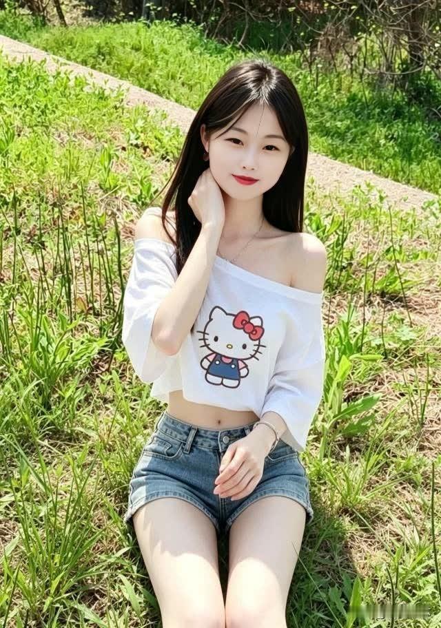 阳光下的甜美少女，HelloKitty印花露肩上衣，搭配牛仔短裤，清新自然。