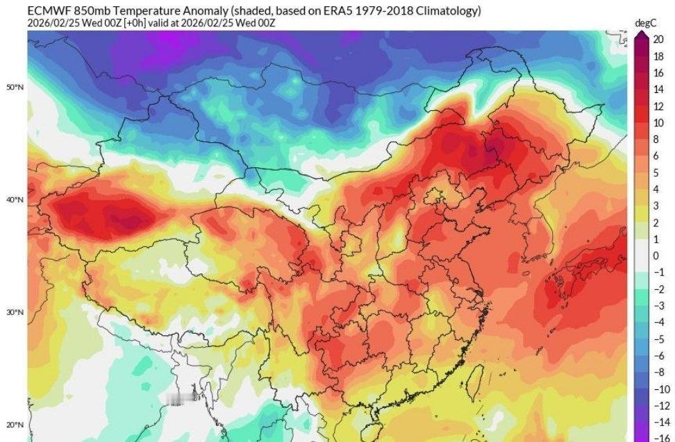 。暖意席卷大江南北，东北、华东北部、新疆等多地气温偏高4~6℃，新疆西部局