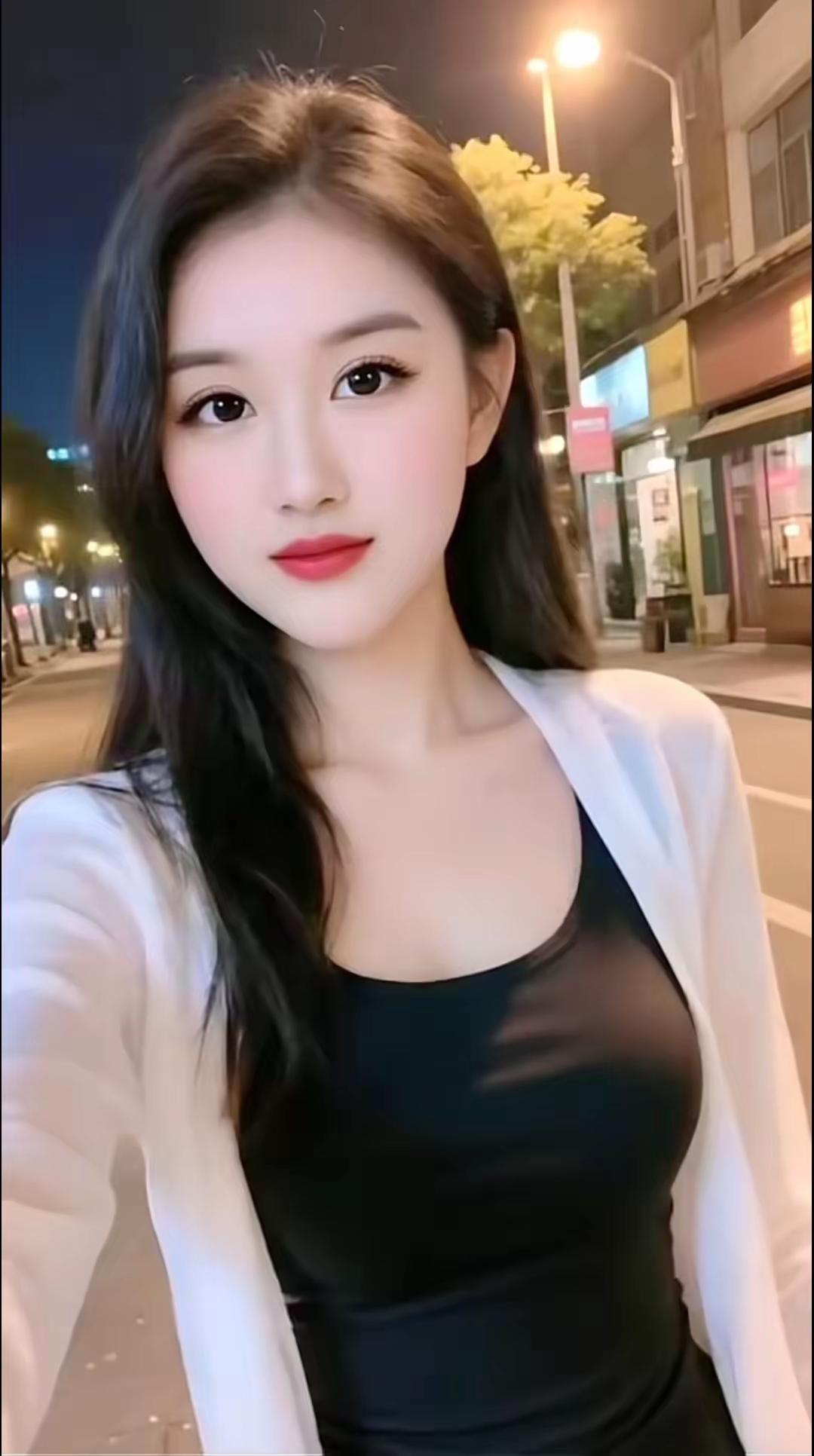 夜晚街头的迷人自拍，黑衣白衫，气质出众