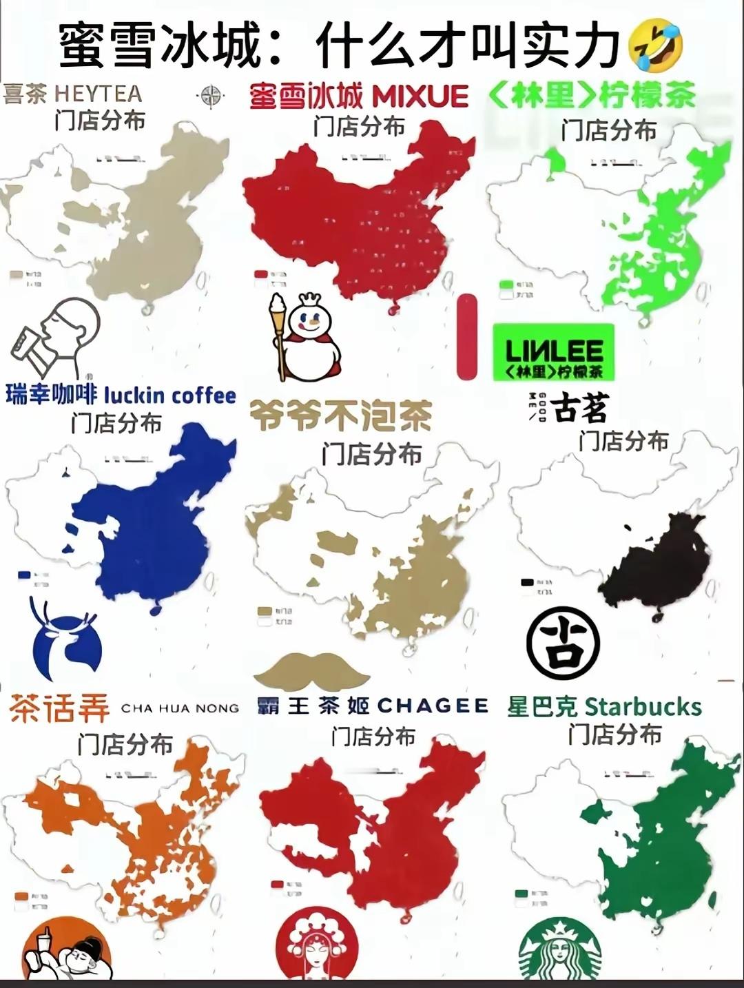 各大品牌奶茶店在全国的门店分布，蜜雪冰城真是碾压式的覆盖率啊。