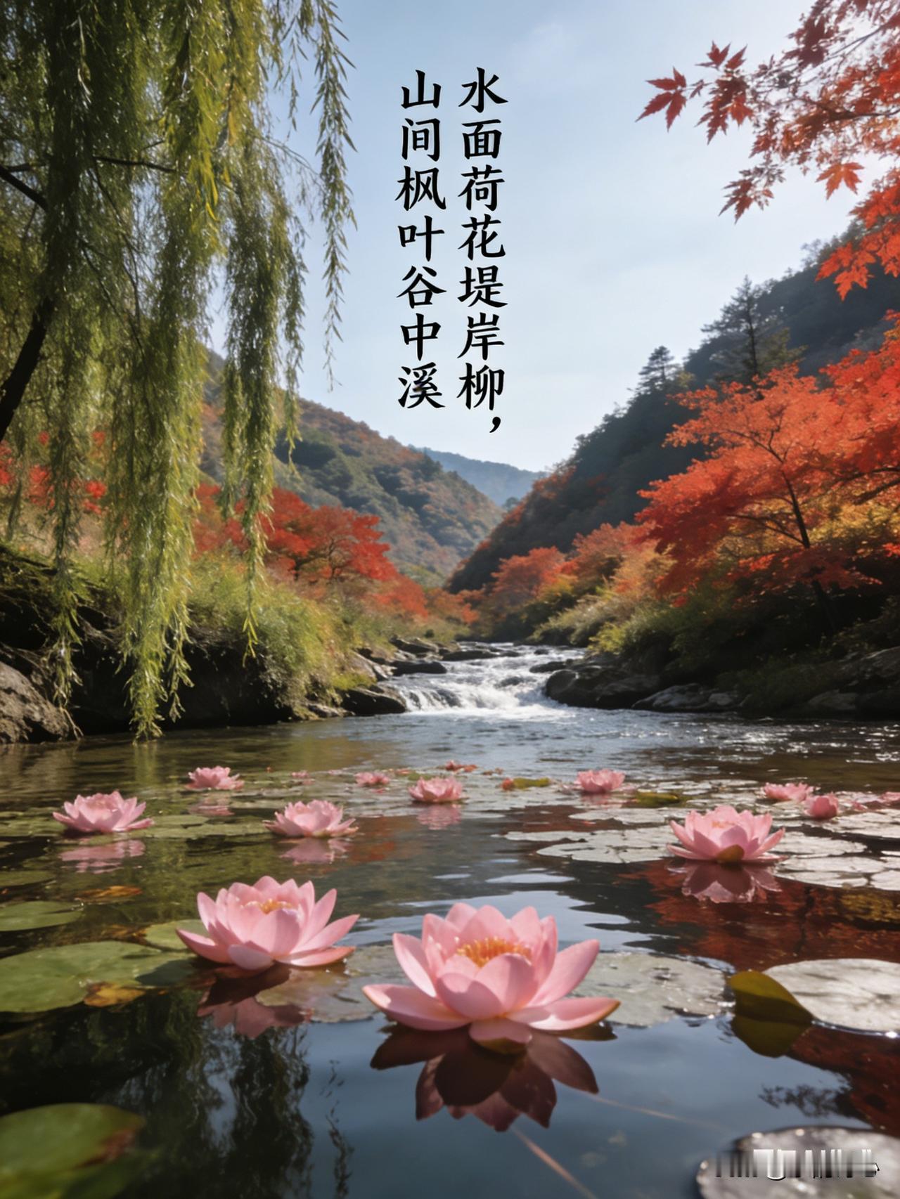 上联:水面荷花堤岸柳，下联:山间枫叶谷中溪。“山间与“水面”相对，都是自然空