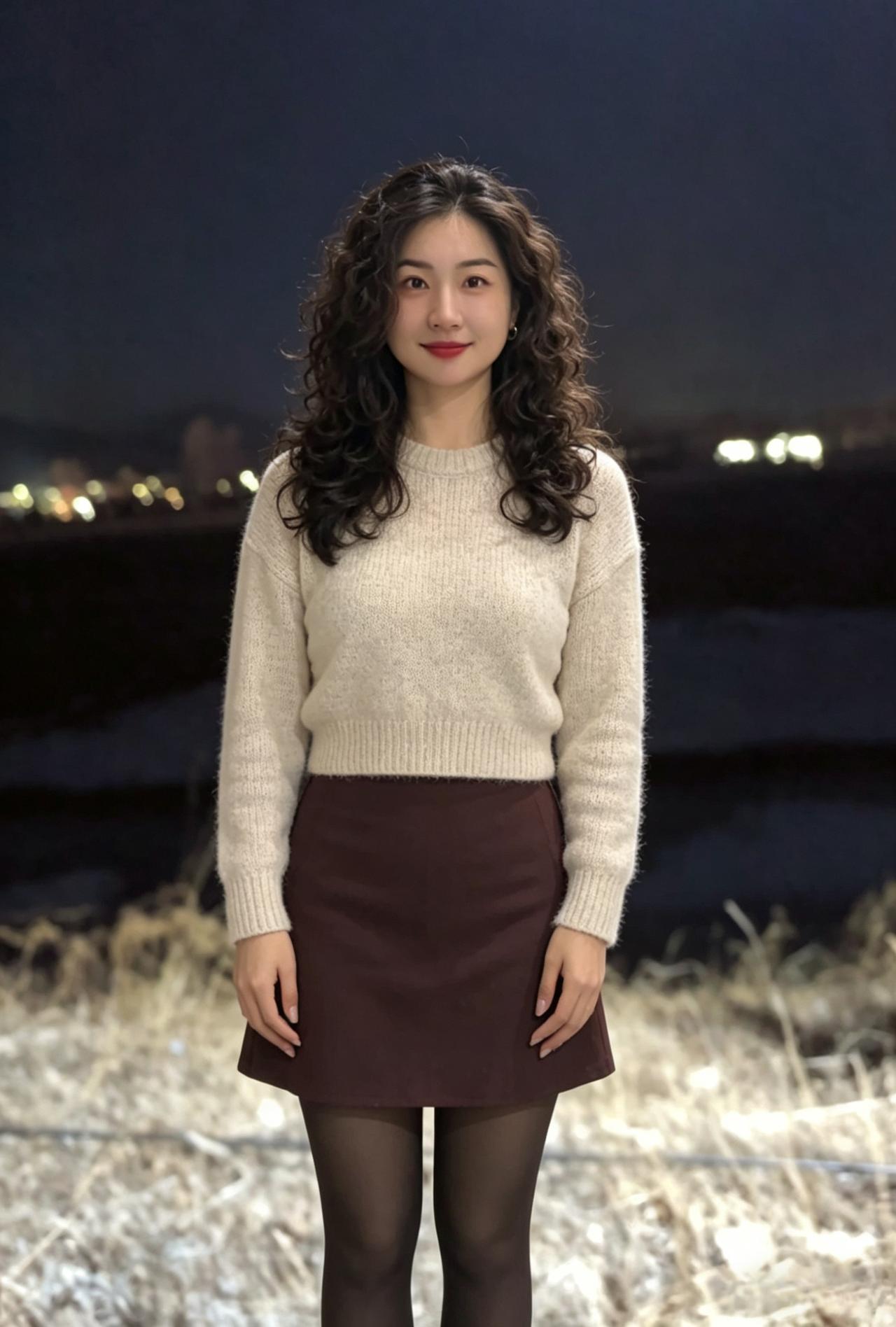 夜色笼郊径，华灯映玉容。卷发如浪卷，浅笑胜春风。软衫凝雪色，短裙衬腰松。一