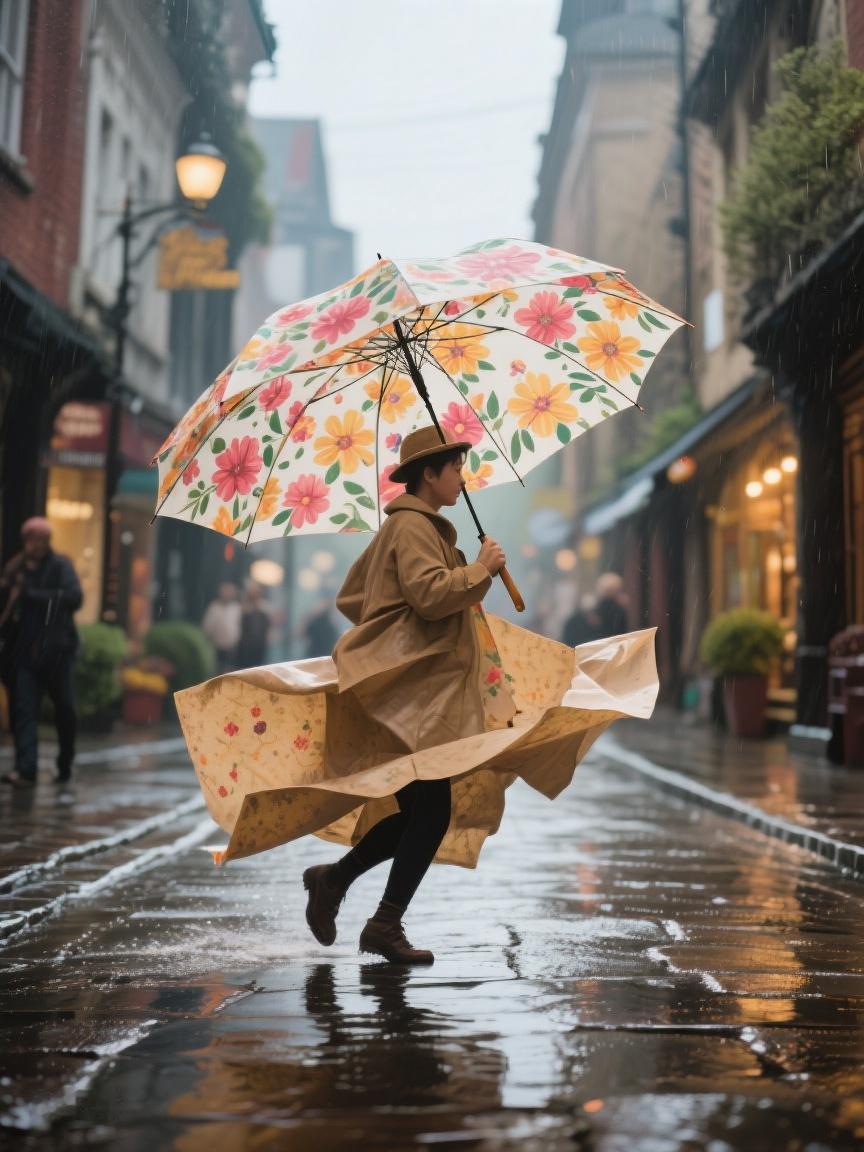 AI妙生图雨中街巷，裙摆飞扬，在风里邂逅未知，让心随雨滴去流浪✨