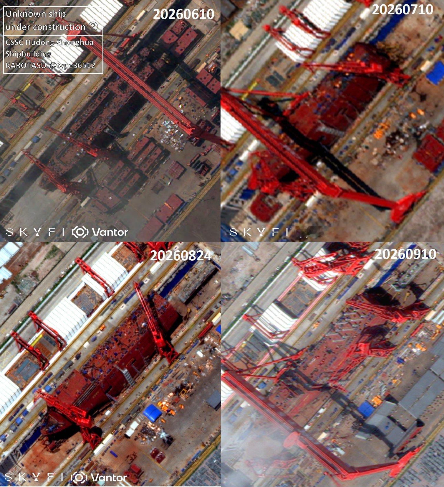 某厂新1号船坞内不知何用途的巨型舰船建造进程卫星图[并不简单]还是看不出来到底