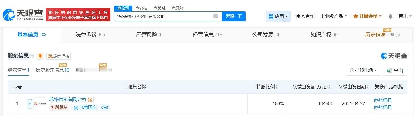 【华谊兄弟转让苏州影城公司华谊影城苏州公司10.4亿股权被冻结】天眼查App显示
