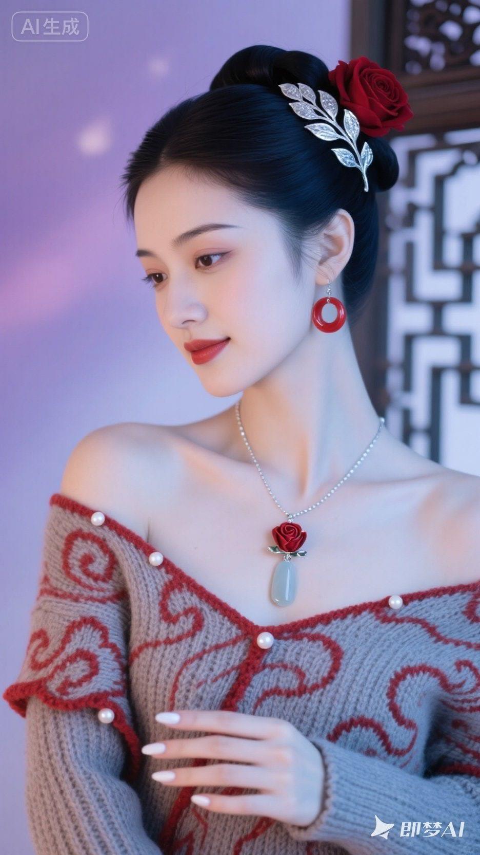 优雅复古风，红玫瑰与黑发相得益彰，尽显东方韵味。
