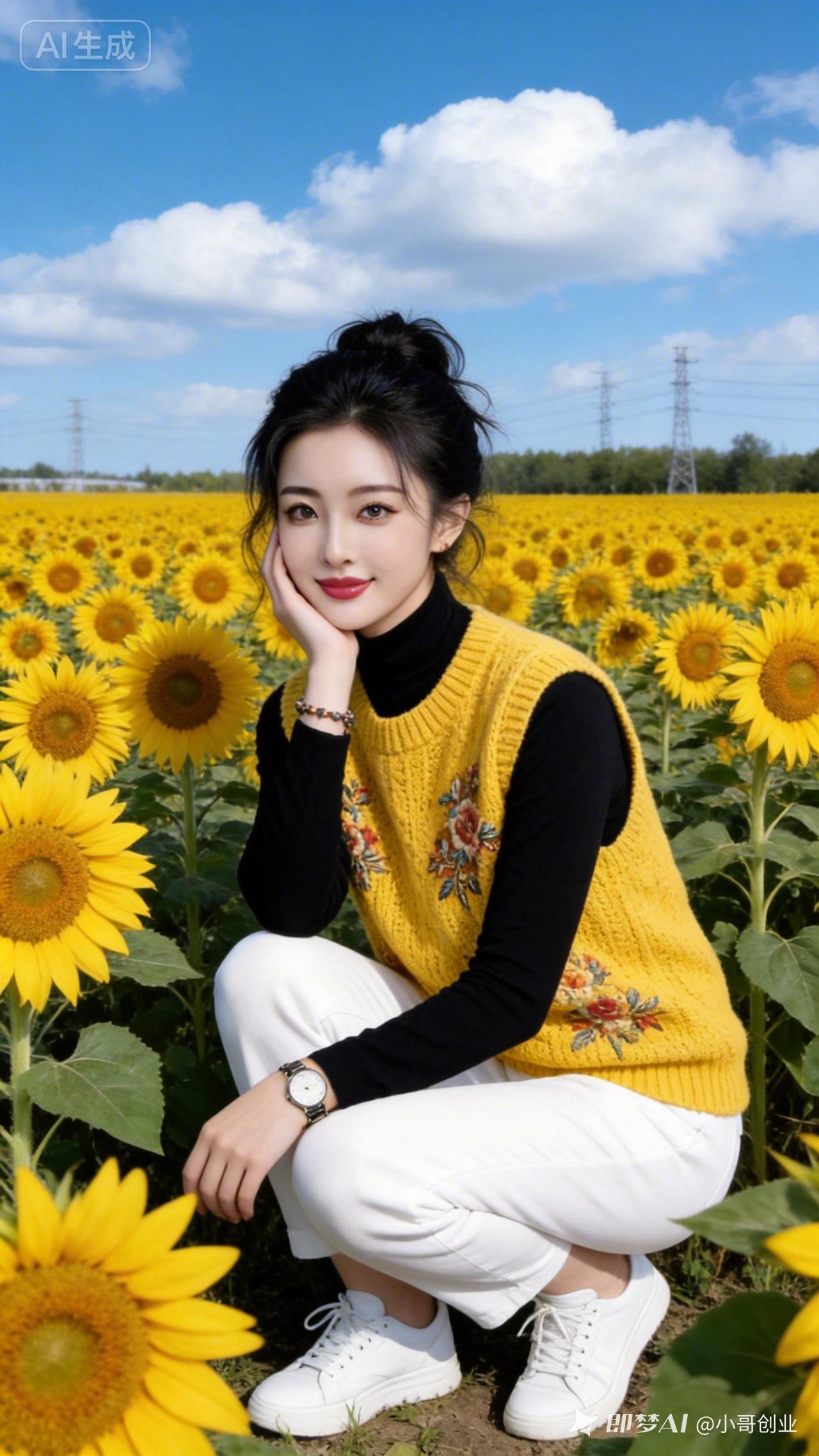 真人写真，美女肌肤白皙，身穿黑色高领长袖、黄色毛线花马甲与白色长裤，脚踩白色运动