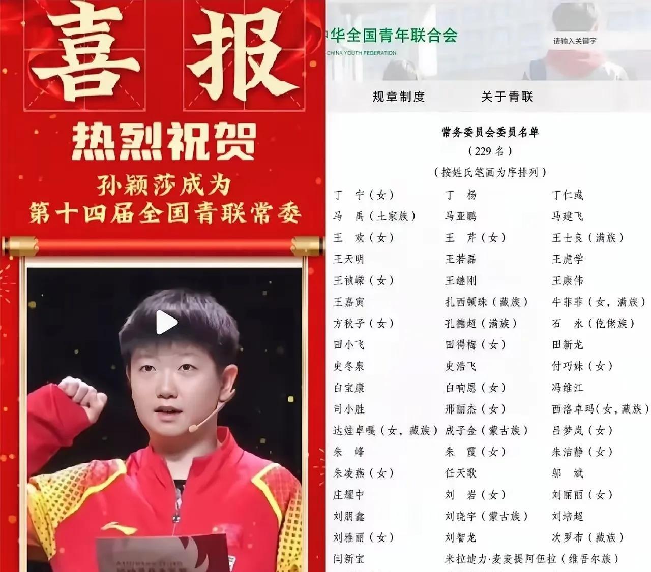 特大好消息传来！原来呀，莎莎根本没有落选。孙颖莎成功当选为全国青联常委，这无疑又