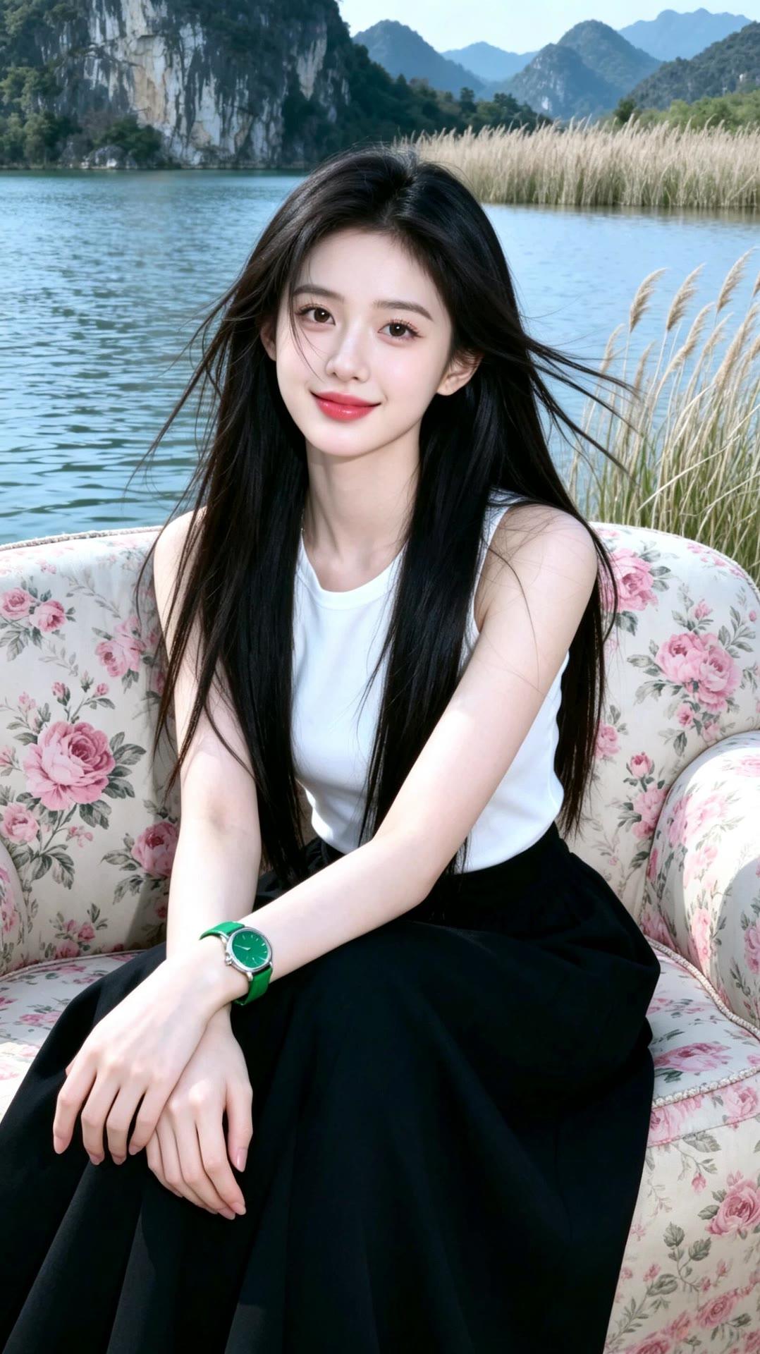 湖畔少女，绿意盎然，清新自然，时尚穿搭