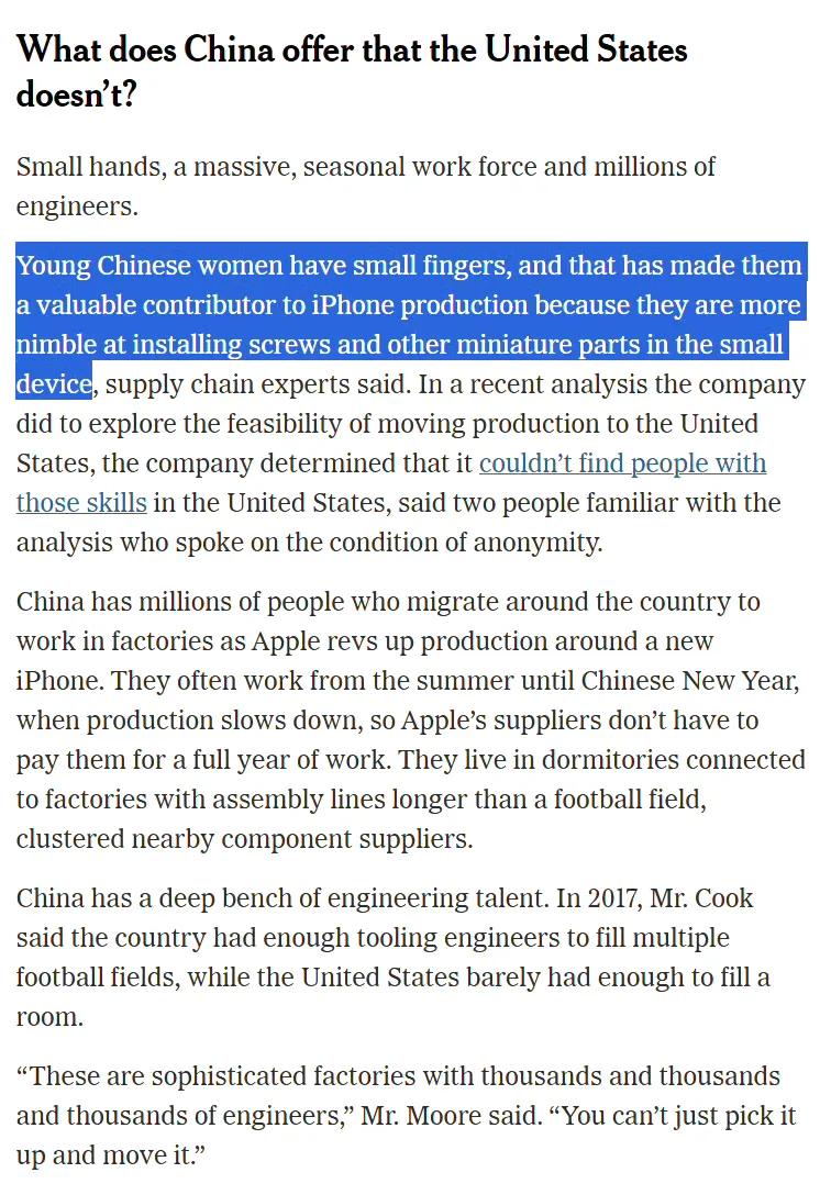美国《纽约时报》认为，美国制造业无法与中国竞争的一个很重要的原因是：中国人有身体