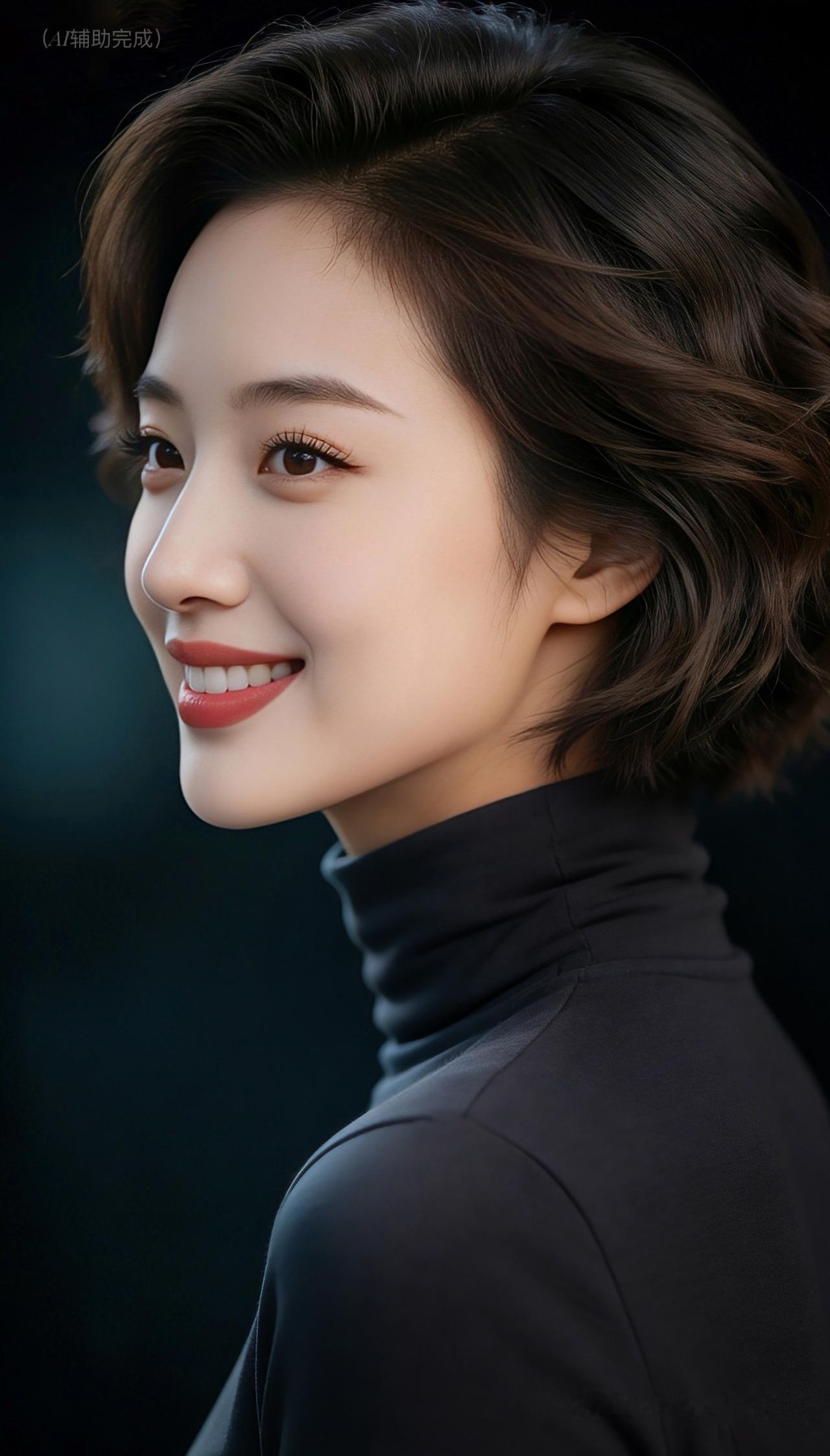 九帧同绘温婉知性仙。棕褐短发蓬松微卷，黑/深灰高领上衣衬雅姿。眉眼含情眸亮如星，