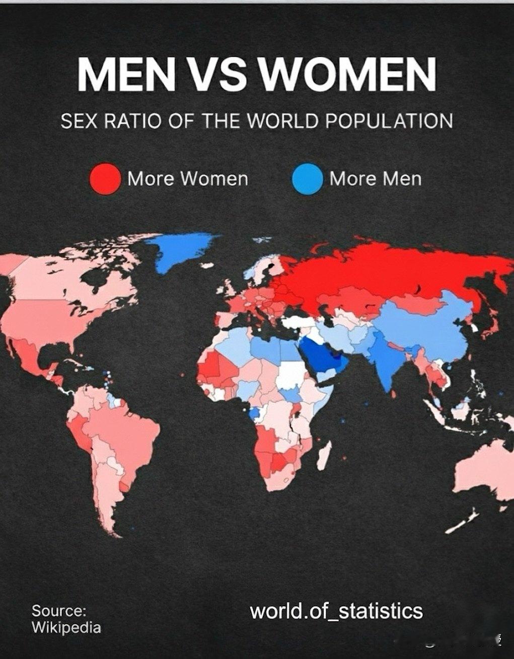 世界各国男女人口比例，蓝色代表男性多于女生，红色代表女性多于男性，颜色越深代表超