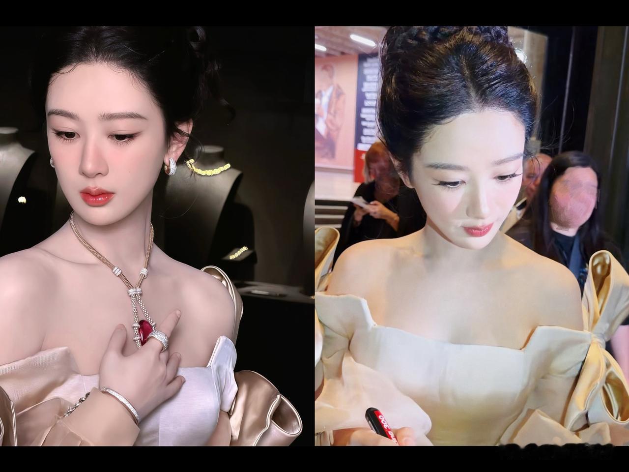 本以为她是去赏花的，结果花成了陪衬。杨紫一身香槟色鱼尾裙往那一站，盘着头发露