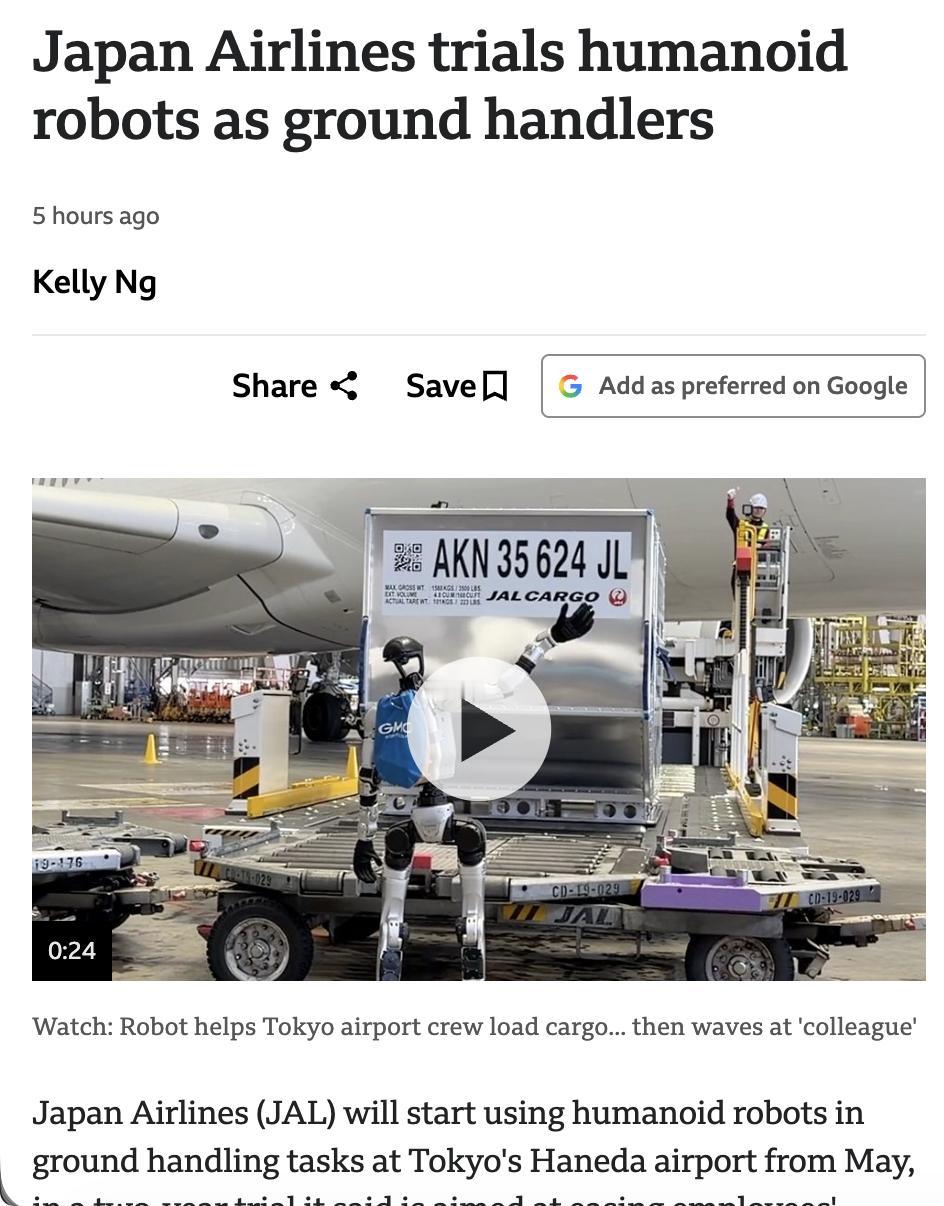 英媒：日本航空将于5月起在东京羽田机场试用中国人形机器人进行地面装卸作业，为期两