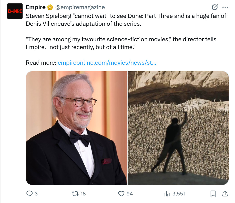 TNABO史蒂文·斯皮尔伯格表示想早点看到《沙丘III》：“近来我对《沙丘》的