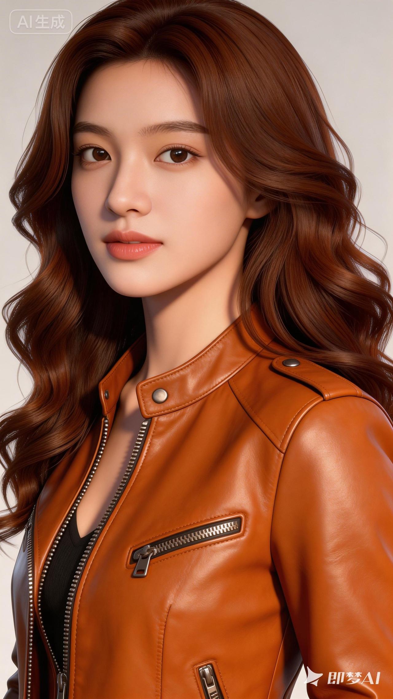 棕色皮衣搭配黑色内搭，帅气又迷人！