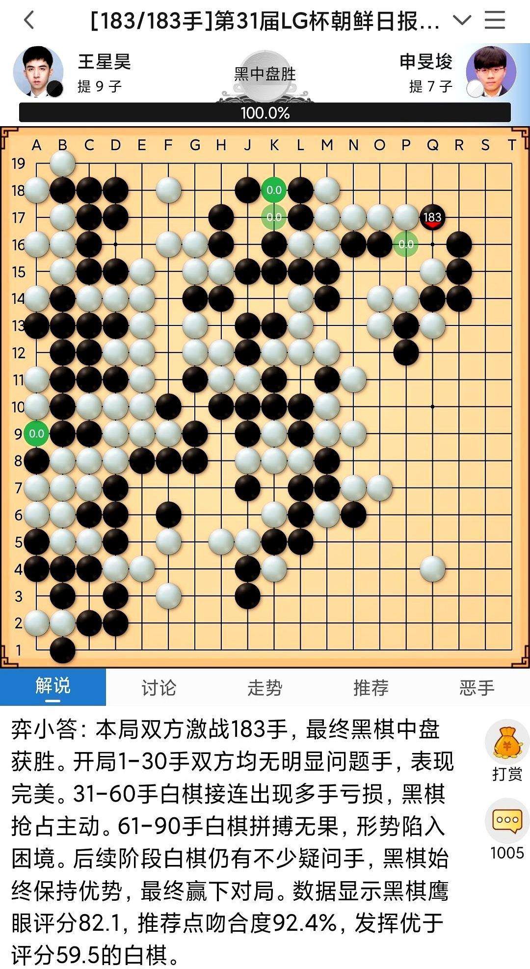 刚刚结束的LG杯围棋赛，王星昊把手里的棋子一撂，2比1，硬生生把韩国名将申旻埈挡