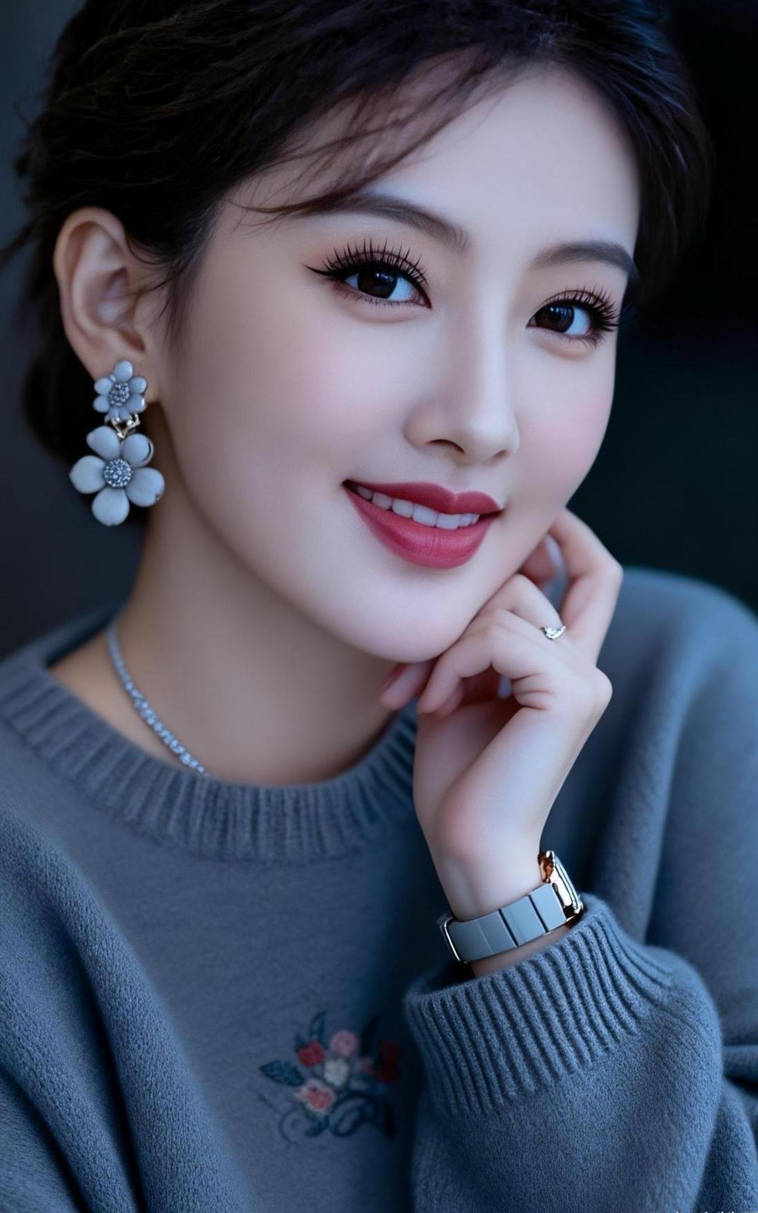 这位小姐姐笑容甜美，耳环很抢眼。