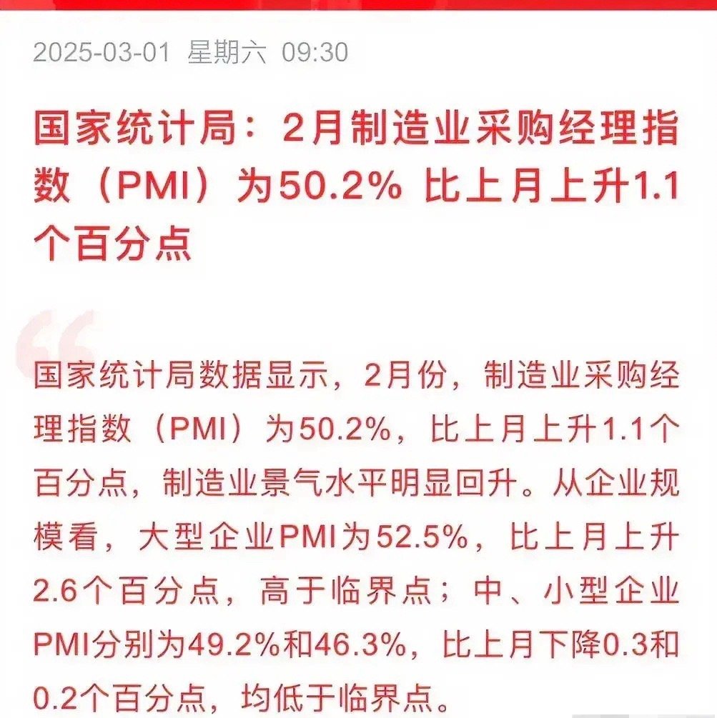 超预期啊，2月的PMI环比上升了1.1个百分点呢，这数据可是利好的，制造业的景气