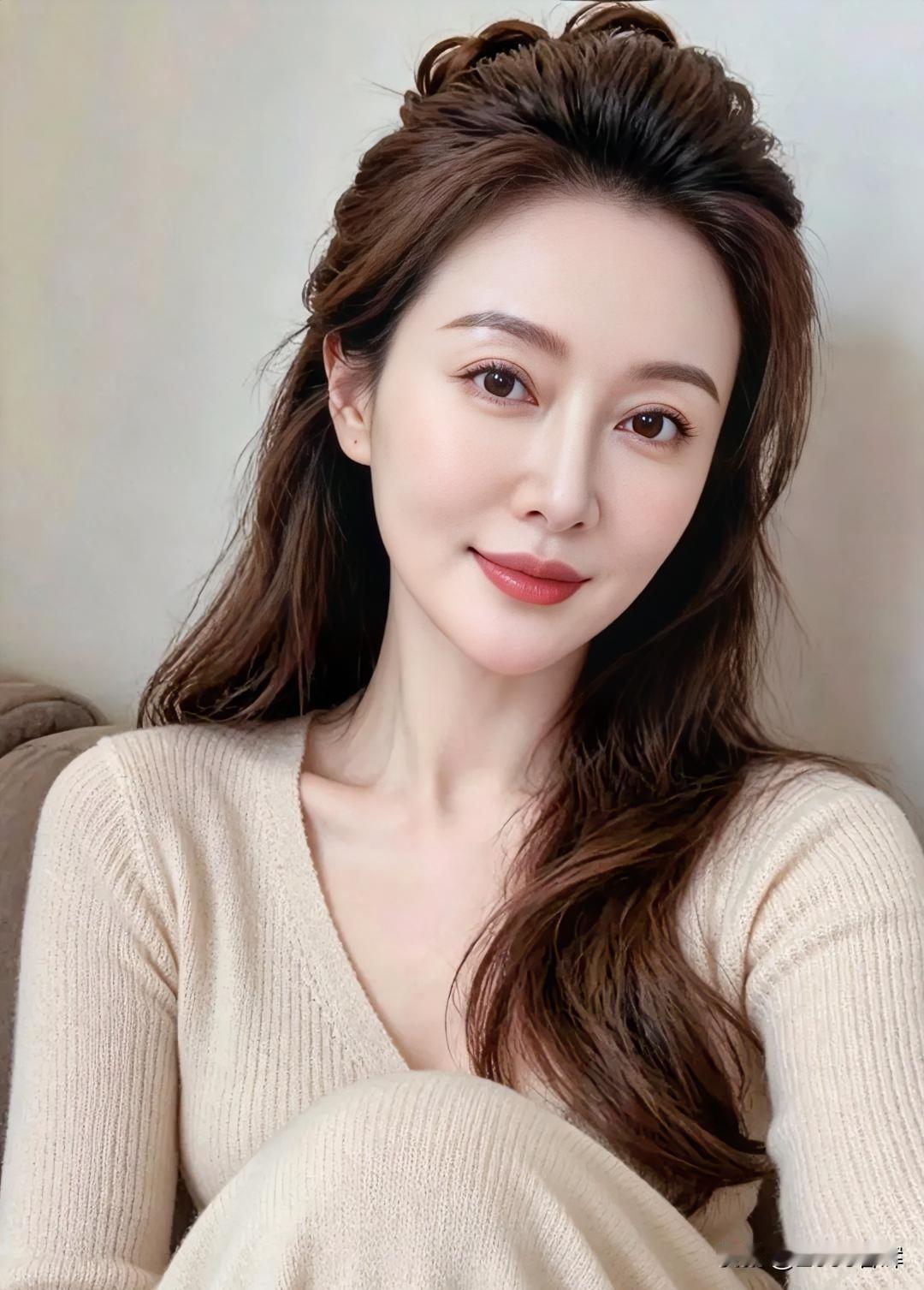 米白针织，暖柔如春日絮语。卷发垂落，似墨瀑漫过肩头。浅笑盈唇，藏不住的温