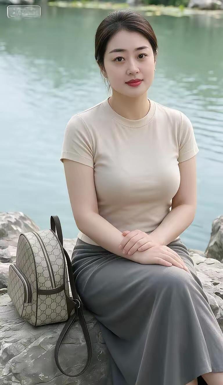 湖畔闲坐碧水悠悠映远山，青石独坐意安闲。素衣淡雅风姿婉，浅笑安然气质