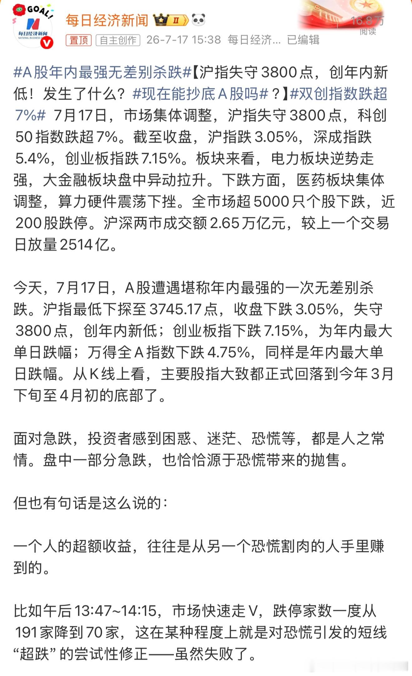 A股年内最强无差别杀跌今天下午和同事还在聊，我问他跌了吗？他说跌了，我问跌了多少