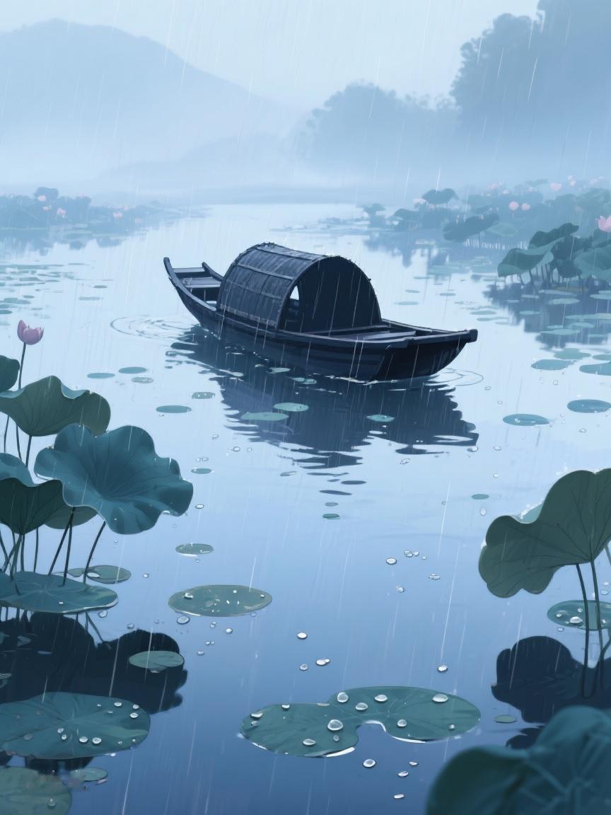 AI妙生图雨落荷塘，扁舟静泊。荷叶擎起雨滴，恰似时光中的静谧诗篇，引人遐思