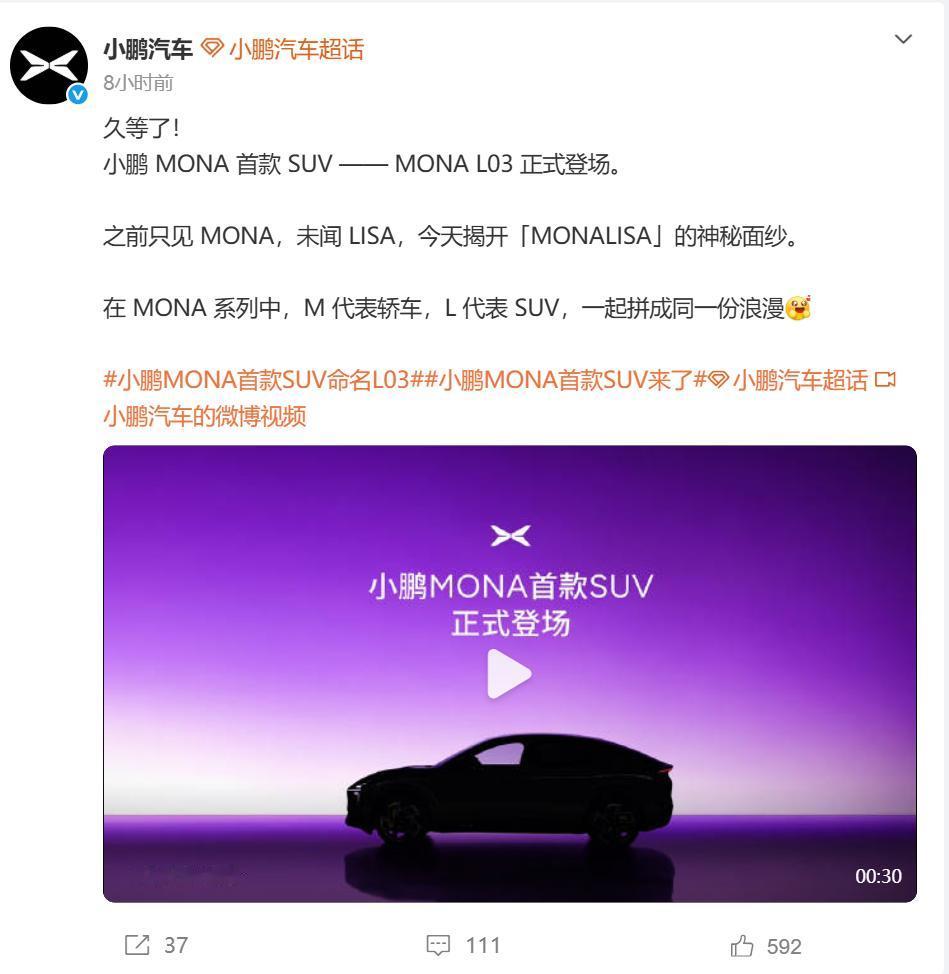 小鹏汽车官方把那条藏了两年的伏线正式拽出来了——MONA系列首款SUV定名MON