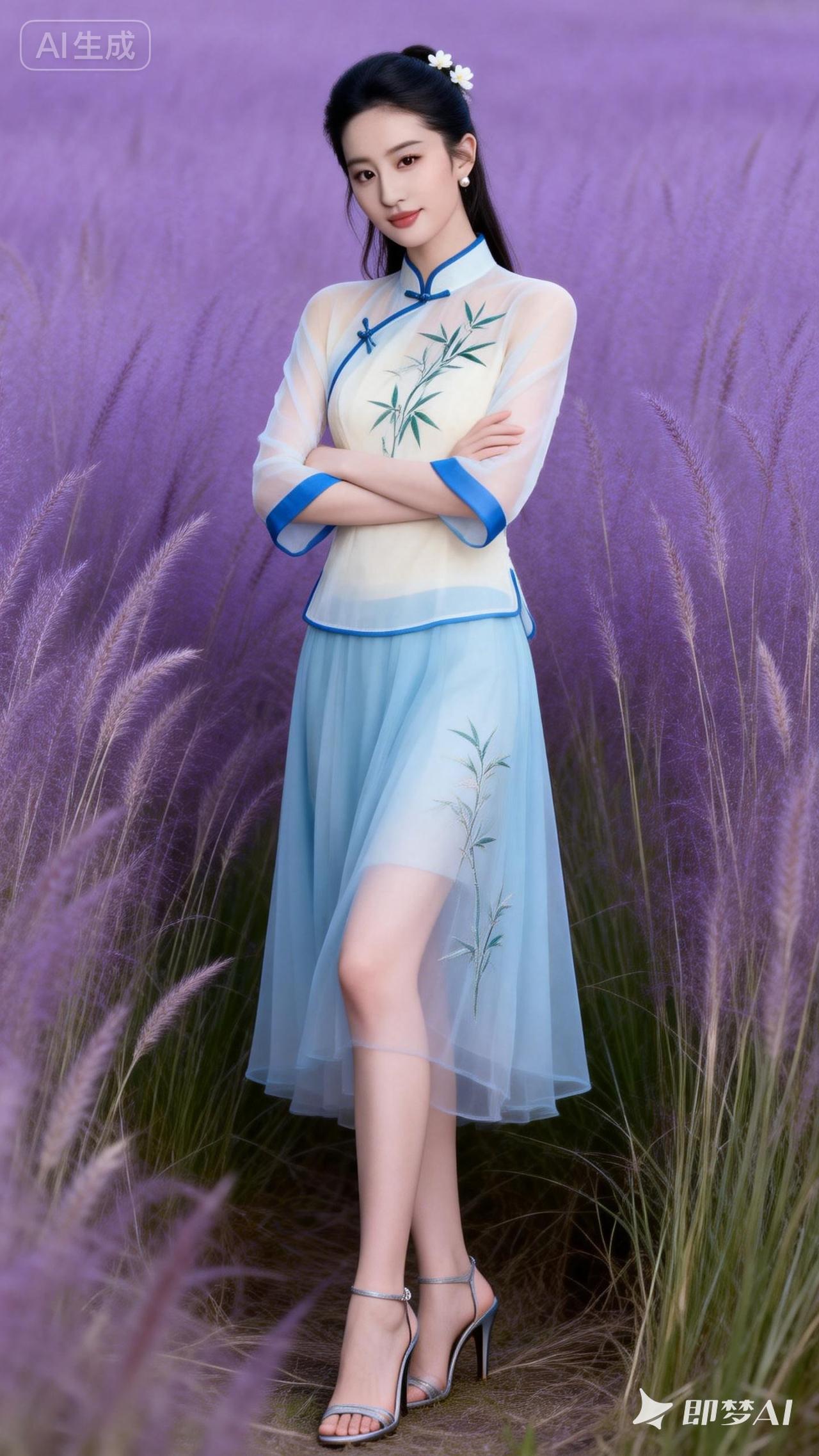 优雅古风少女，置身紫色花海，尽显古典韵味。