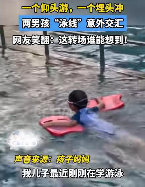 笑得肚子疼！7月28日，一个初学游泳的小孩哥正埋头猛冲，结果对面另一个小将刚好仰