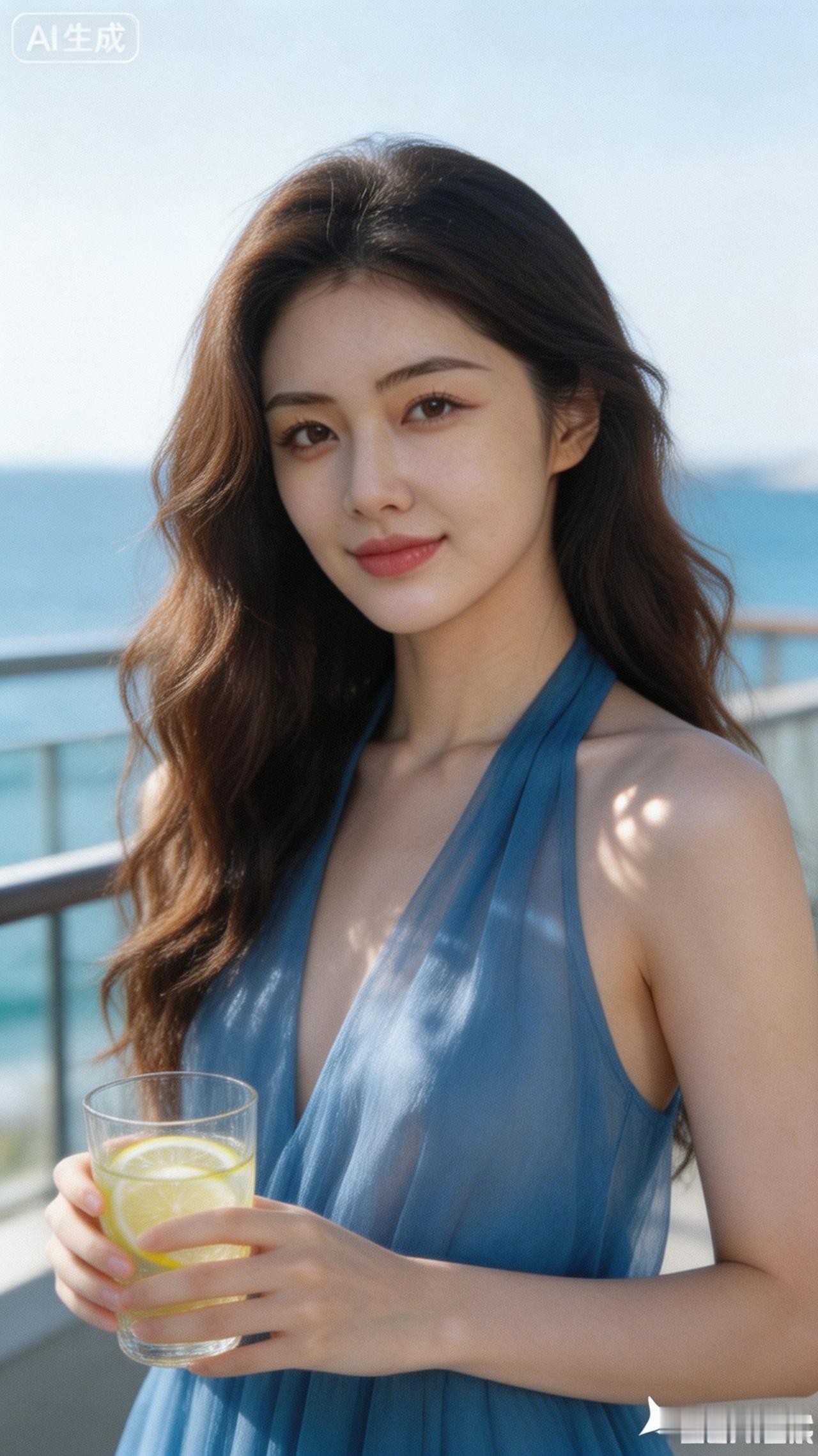一个女孩在海边喝柠檬水。