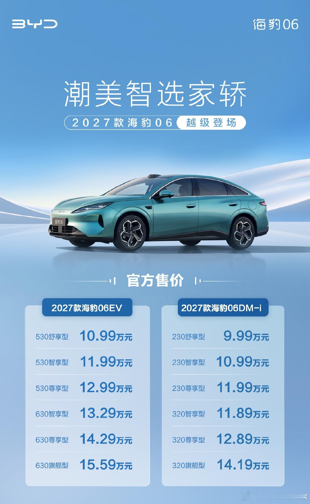 27款海豹06，EV和DM都长一个样了，混动9.99万起不带闪充，纯电10.99