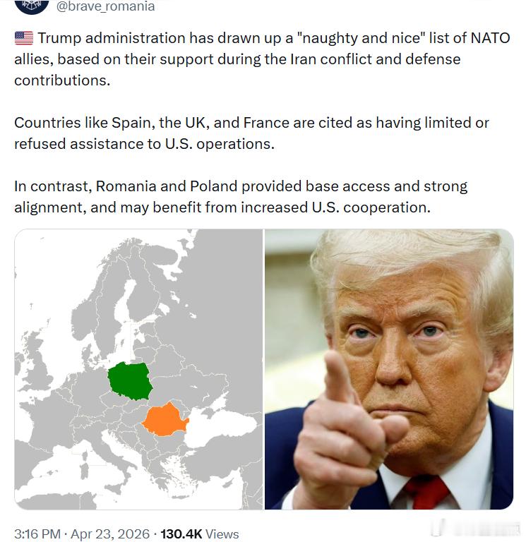 据Politico，特朗普政府已根据各国在伊朗冲突中的支持力度及防务贡献，拟定了