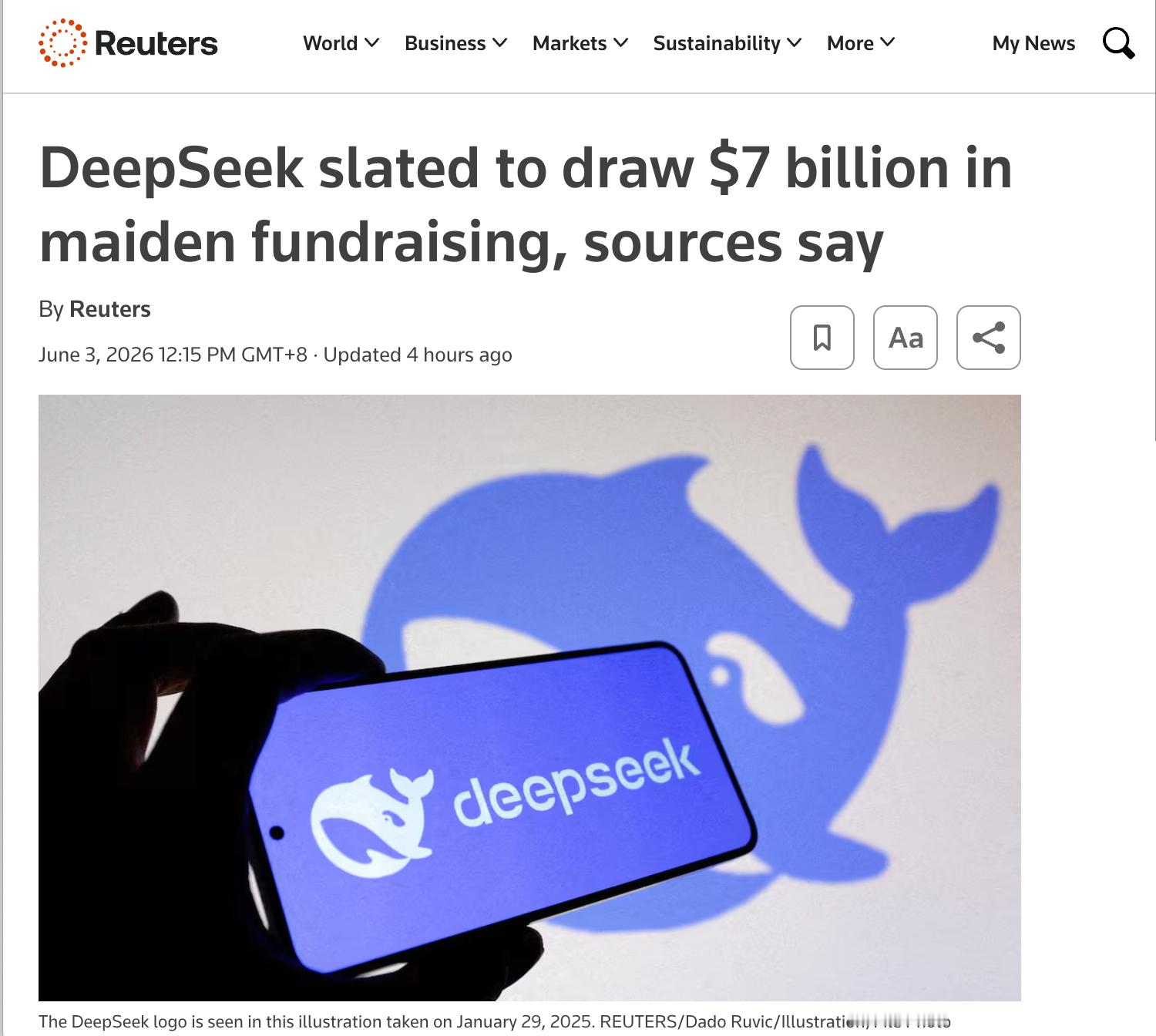路透社：DeepSeek正在寻求500亿人民币的融资，本轮融资后Deep