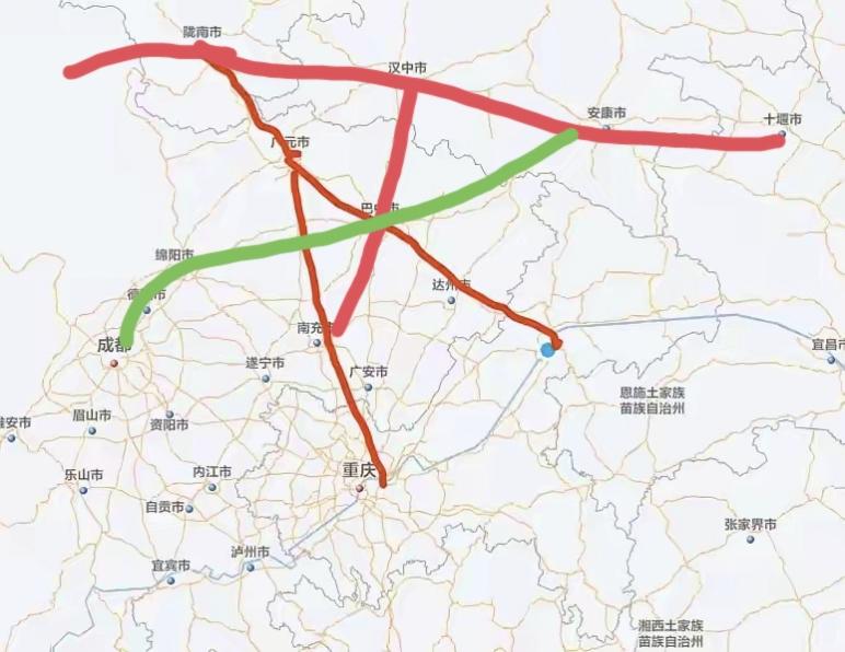 川陕甘结合部的大部分区域应该重点推动的几条线路走向，一是兰天汉安十，西接陇南到九