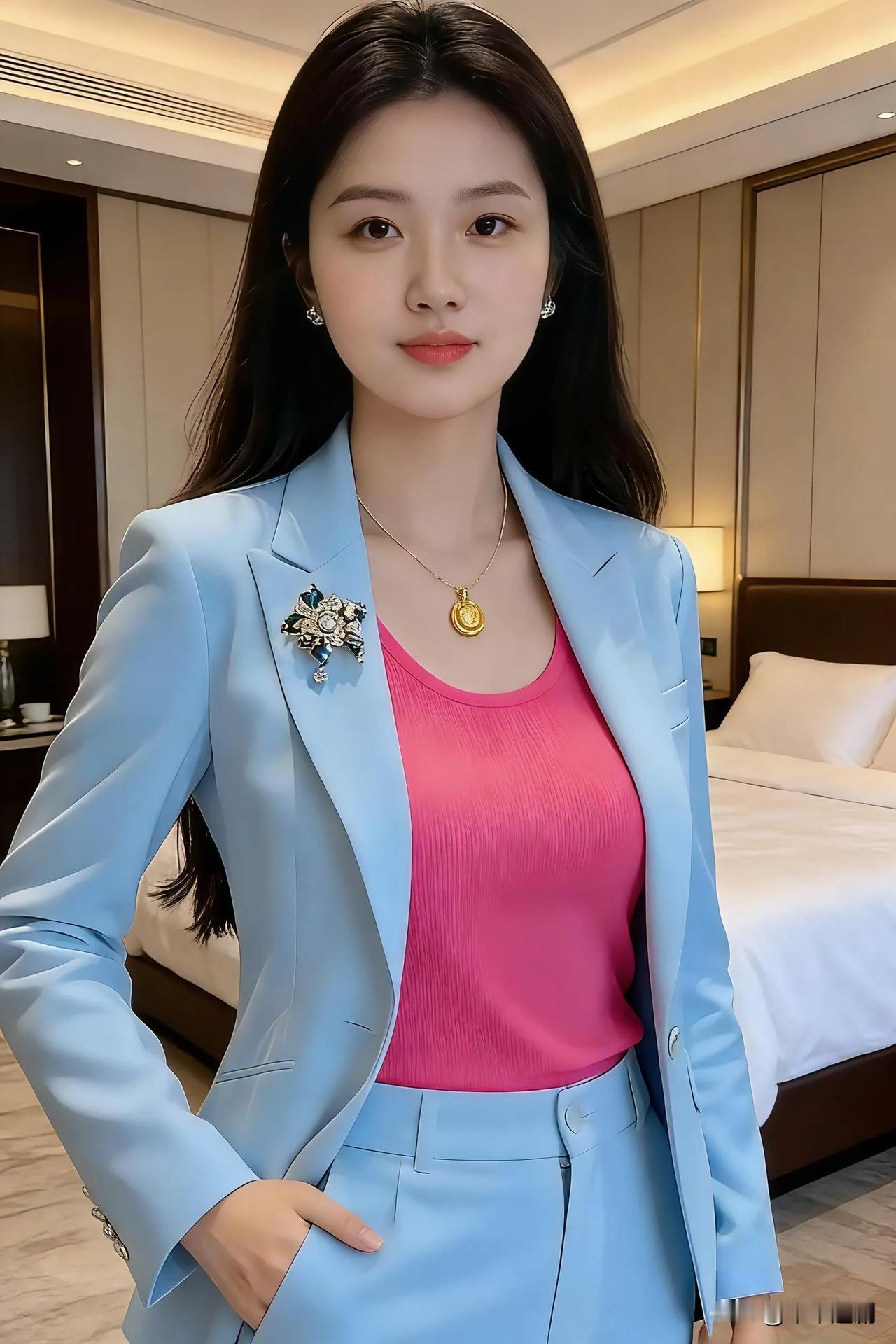 冰蓝西装套装配玫红内搭，轻奢酒店背景揉出明艳又干练的职场氛围感💙💖灰色西装