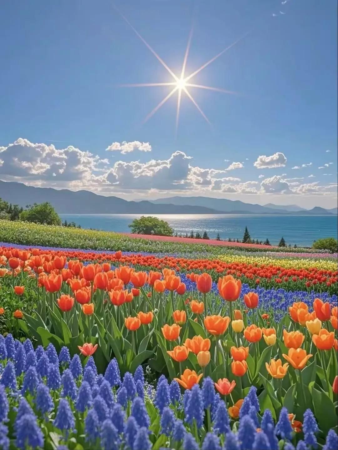 1. 山明水秀景如诗。2. 风和日丽岁如歌。3. 桃红柳绿景若屏。4. 云