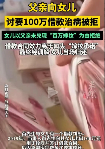 令人心寒！今年5月，一男子借给女儿100万元，后男子生病急需钱治病，但女儿却拒不