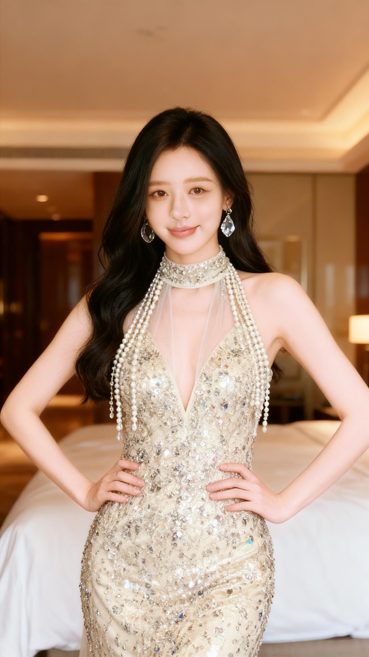 气质穿搭怎么穿才恰到好处?浅香槟色的挂脖礼服，上身缀满碎钻与闪片，在灯光下折射