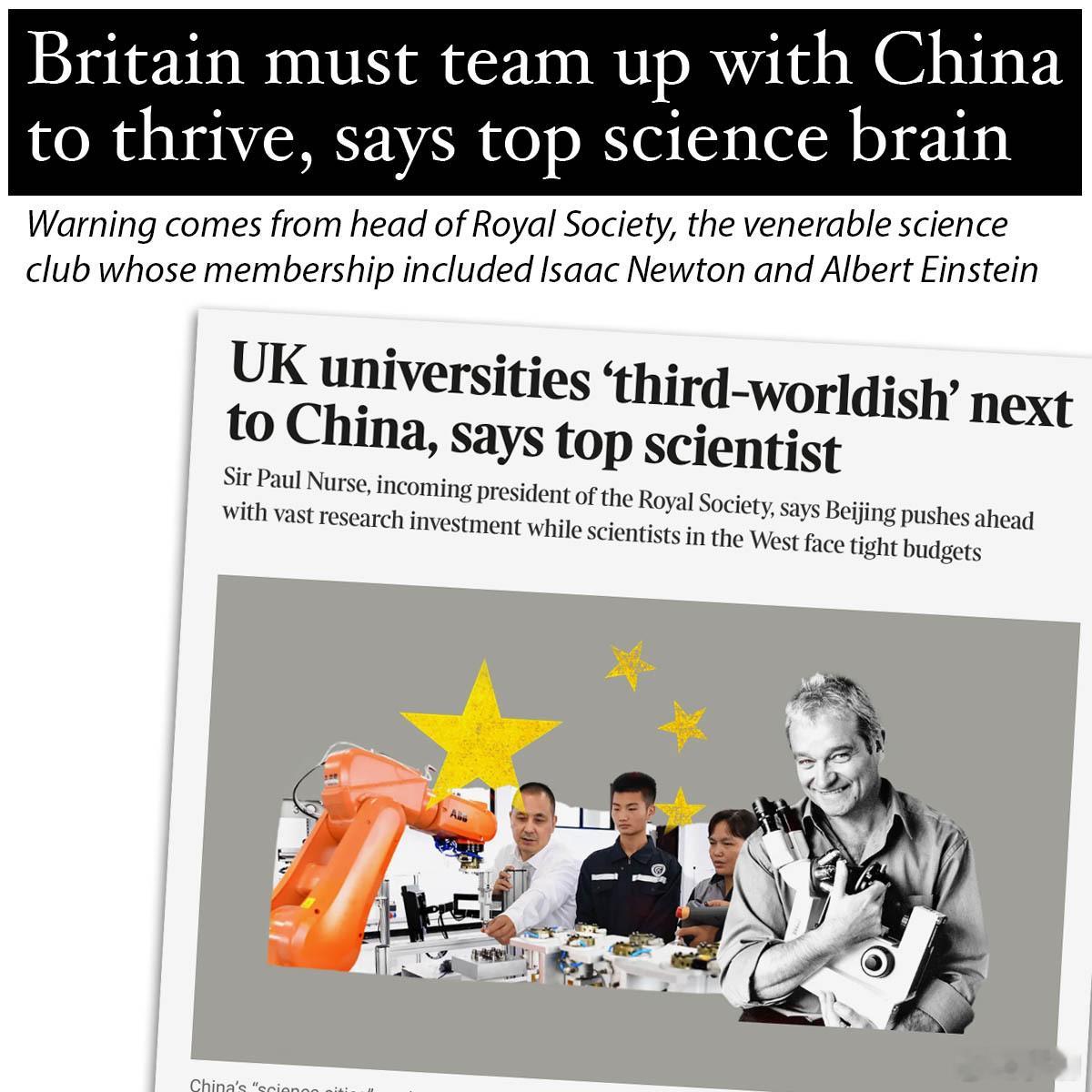 诺贝尔奖获得者英国皇家科学院院士保罗·纳斯在《伦敦泰晤士报》发文称，英国必须与中