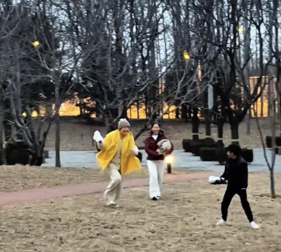 张兰和小霖霖的互动太可爱了。张兰像个小孩子一样在草地上和孙子小霖霖一起打雪仗，